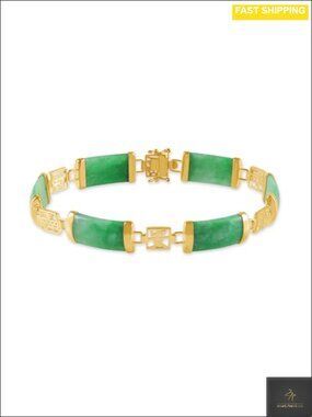 Natural Green Jade Link Bracelet in Sterling Silver 14K Yellow Gold Plated